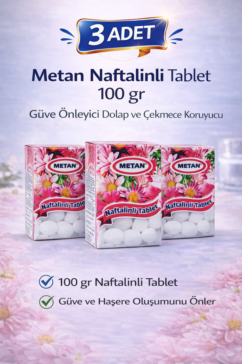 Metan Naftalinli Tablet 100 gr Güve Önleyici Dolap ve Çekmece Koruyucu 3 Adet