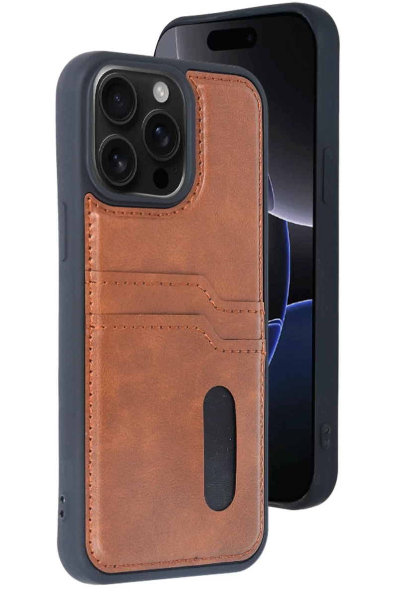 Apple iPhone 15 Pro Max Uyumlu Kılıf Sara Kartvizitli Deri Kılıf - Taba