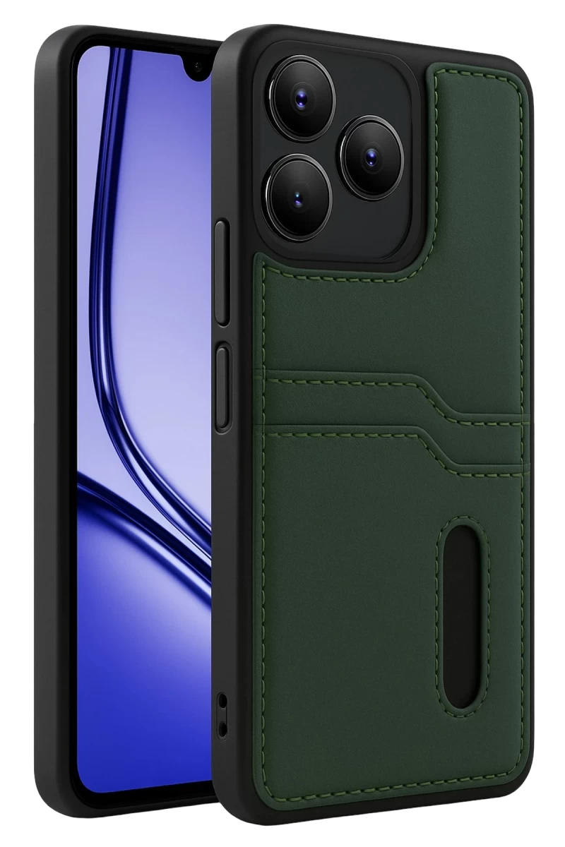 Realme Note 50 4G Uyumlu Kılıf Sara Kartvizitli Deri Kılıf - Koyu Yeşil