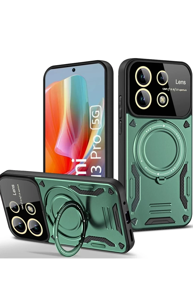 Xiaomi Redmi Note 13 Pro 4G Uyumlu Kılıf Joy Lens Standlı Kapak - Koyu Yeşil