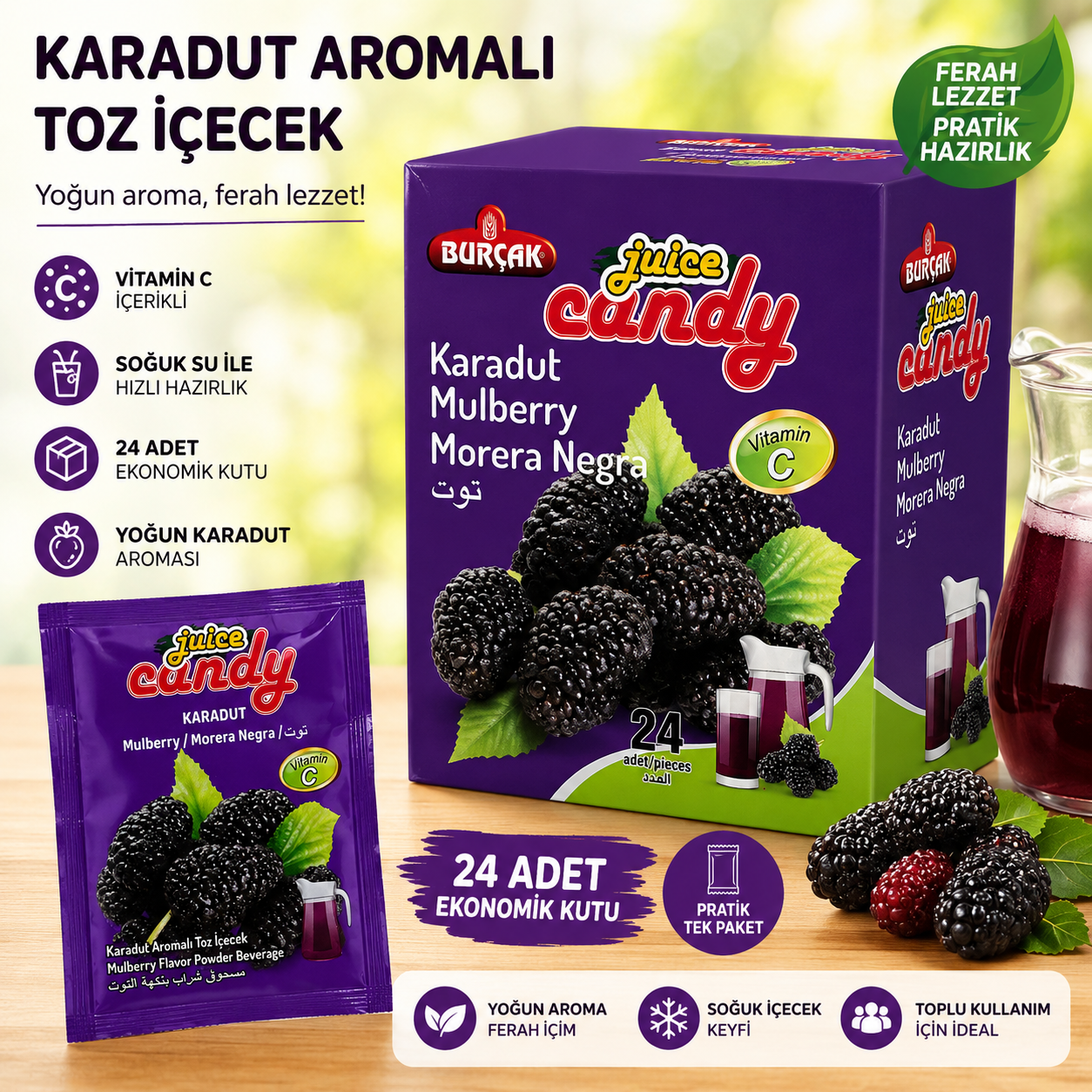 24’lü Karadut Aromalı Toz İçecek Vitamin C İçerikli Pratik Tek Kullanımlık Soğuk İçecek Tozu