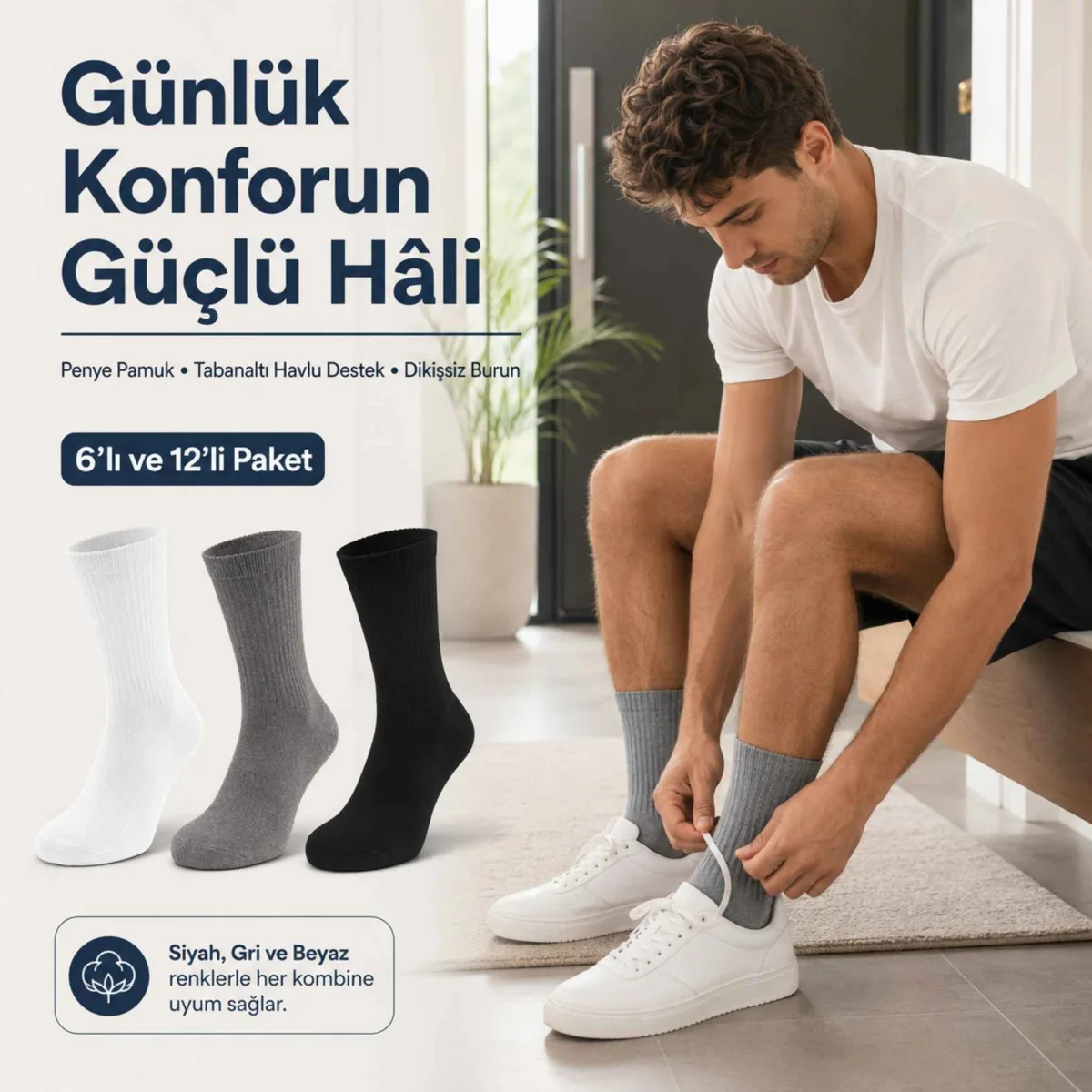 Erkek Spor Çorap 6 Çift, Taban Altı Havlu Destekli Penye Pamuklu Uzun Konç Çorap, Dikişsiz Burun, Yıkamalı Parfümlü, Siyah Gri Beyaz
