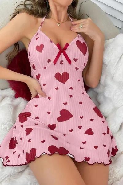 Kadın Pembe Kırmızı Kalp Desenli Askılı Sırt Dekolteli Elbise 5064 · BEDEN: L/XL · RENK: Pembe