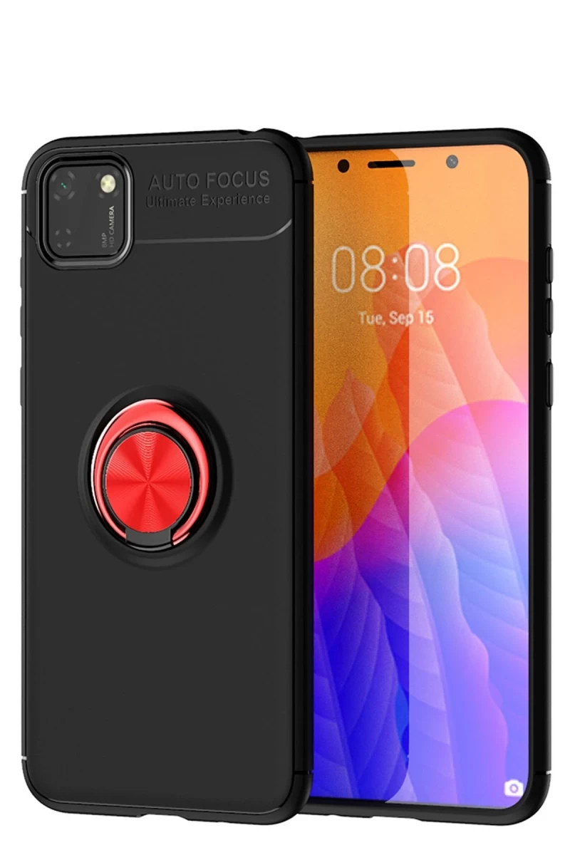 Huawei Y5P Uyumlu Kılıf Range Yüzüklü Silikon - Siyah-Kırmızı
