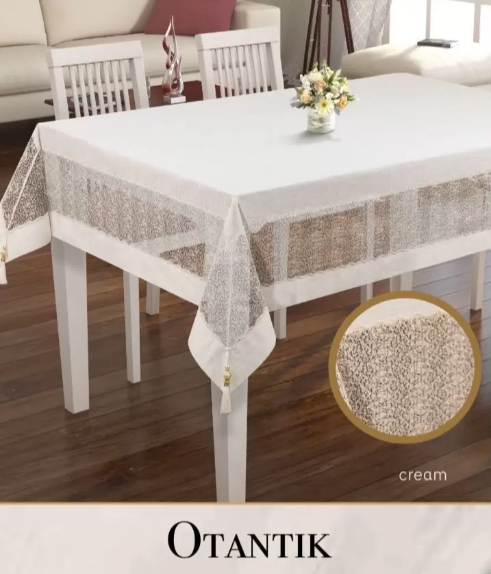 Otantik Model Krem 160x220 cm Keten İşlemeli Masa Örtüsü Dantelli Yemek Masası