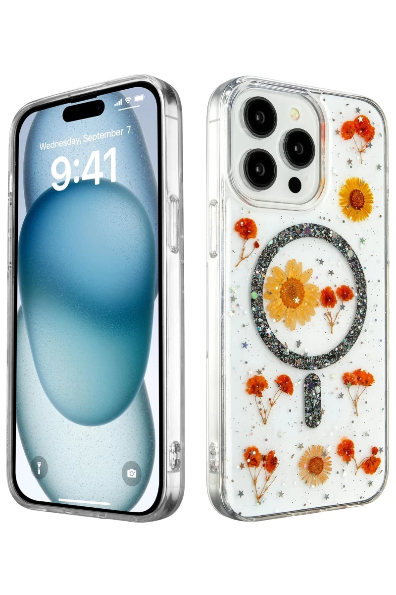 Apple iPhone 15 Pro Uyumlu Kılıf Daisy Simli Magsafe Kapak - Siyah