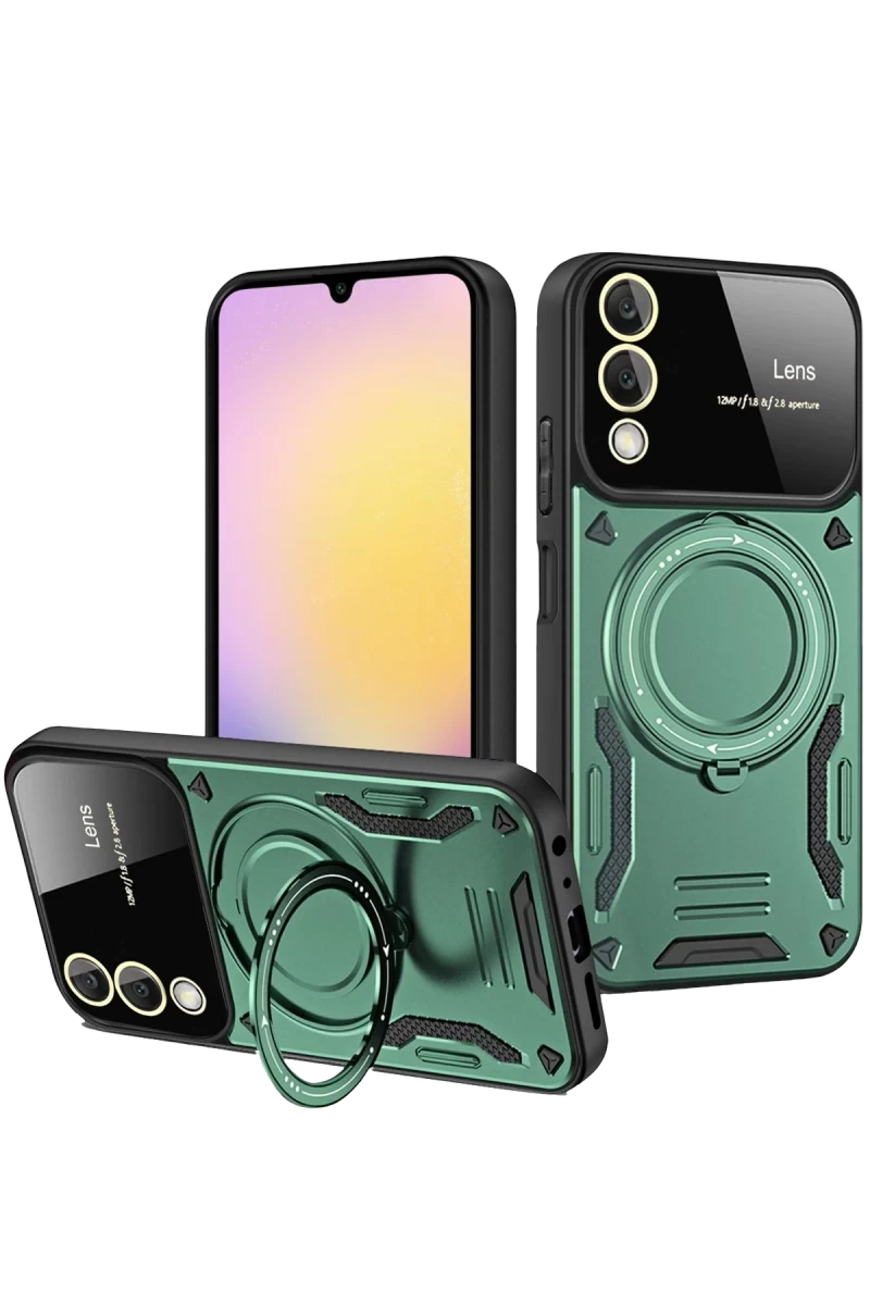 Samsung Galaxy S25 Uyumlu Edge Kılıf Joy Lens Standlı Kapak - Koyu Yeşil