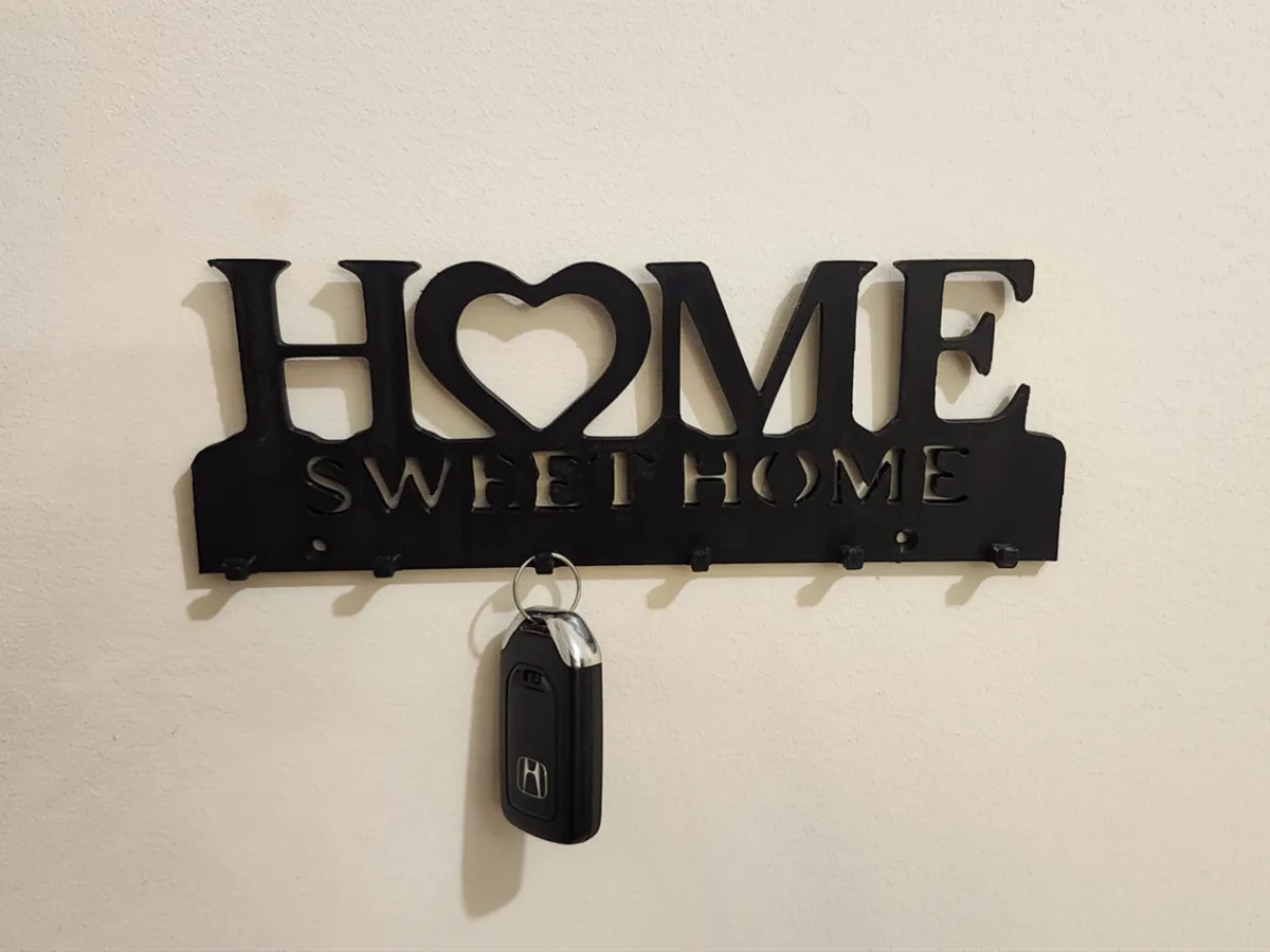 3D Baskı Home Sweet Home Yazılı Anahtarlık Duvar Askısı Kalpli Anahtar Askısı Siyah