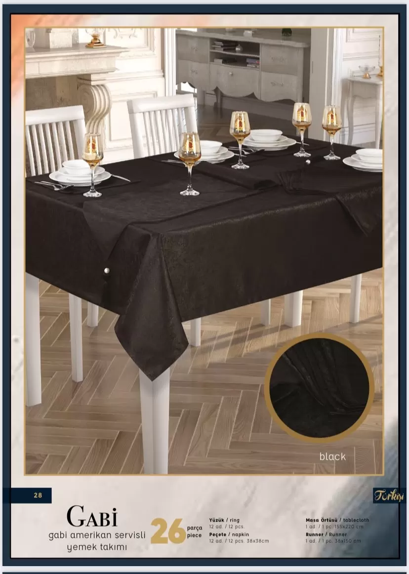 Gabi Siyah 12 Kişilik 26 Parça Amerikan Servisli 155 × 220 cm Masa Takımı