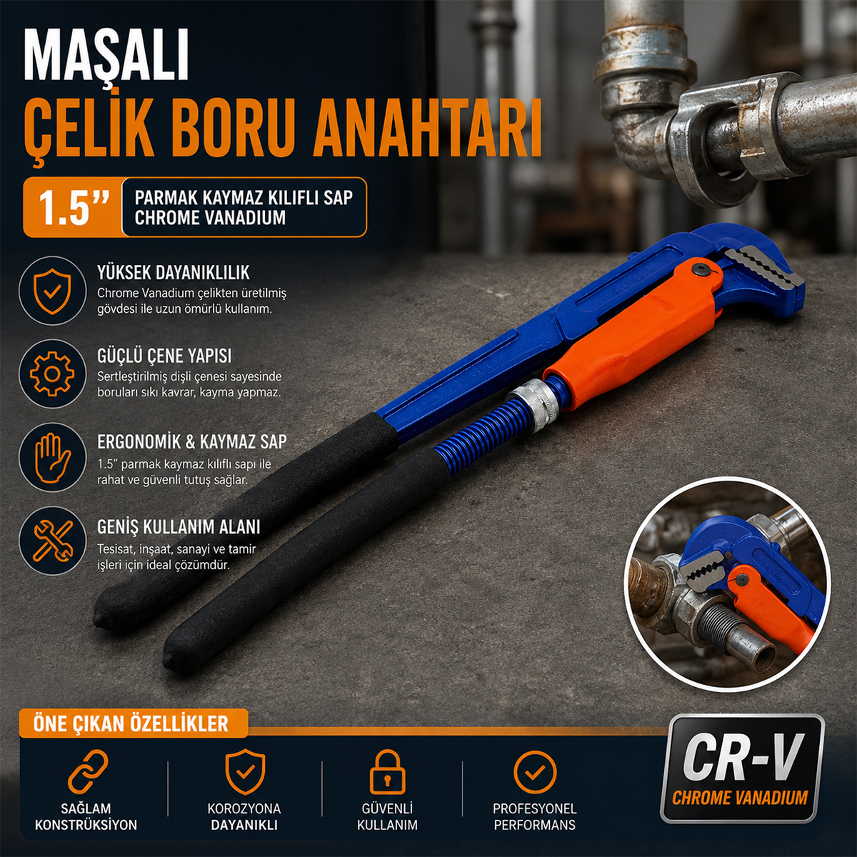 1.5" Maşalı Çelik Boru Anahtarı (CR-V)