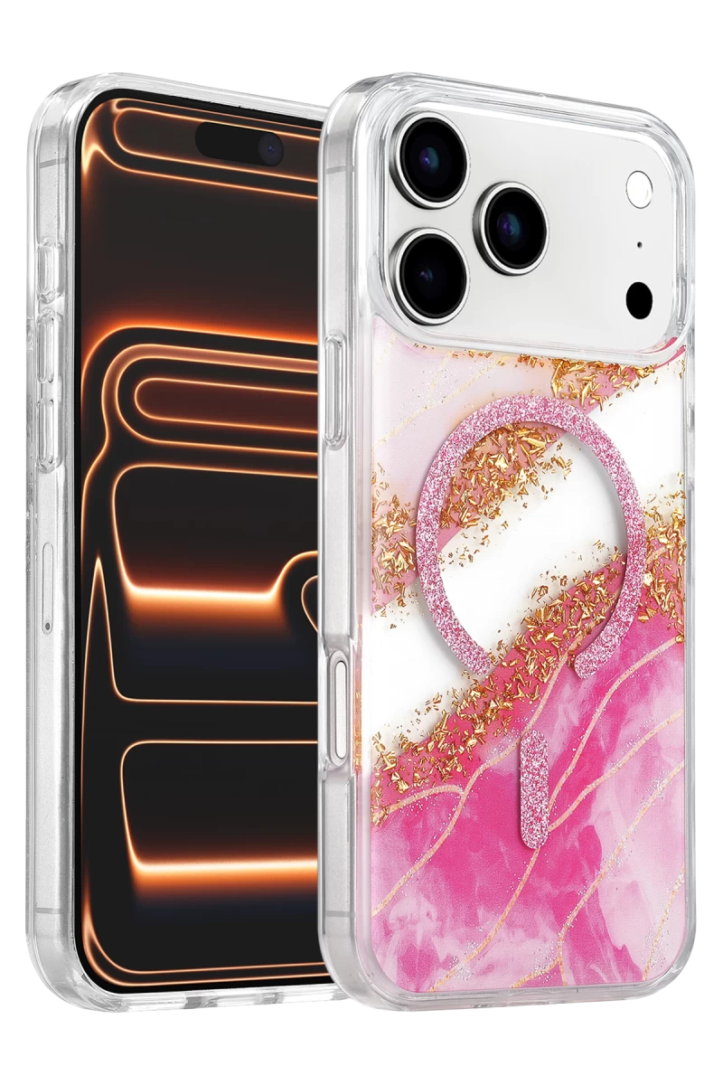 Onegif Apple iPhone 17 Pro Uyumlu Lotus Simli Magsafe Kapak - Pembe