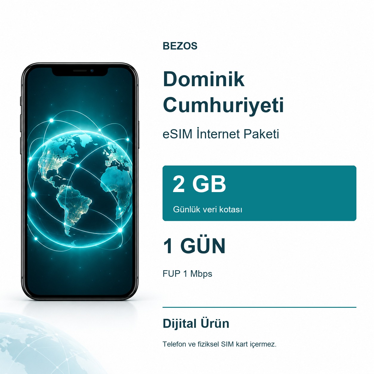 Dominik Cumhuriyeti eSIM İnternet Paketi Günlük 2 GB 1 Gün - FUP 1 Mbps