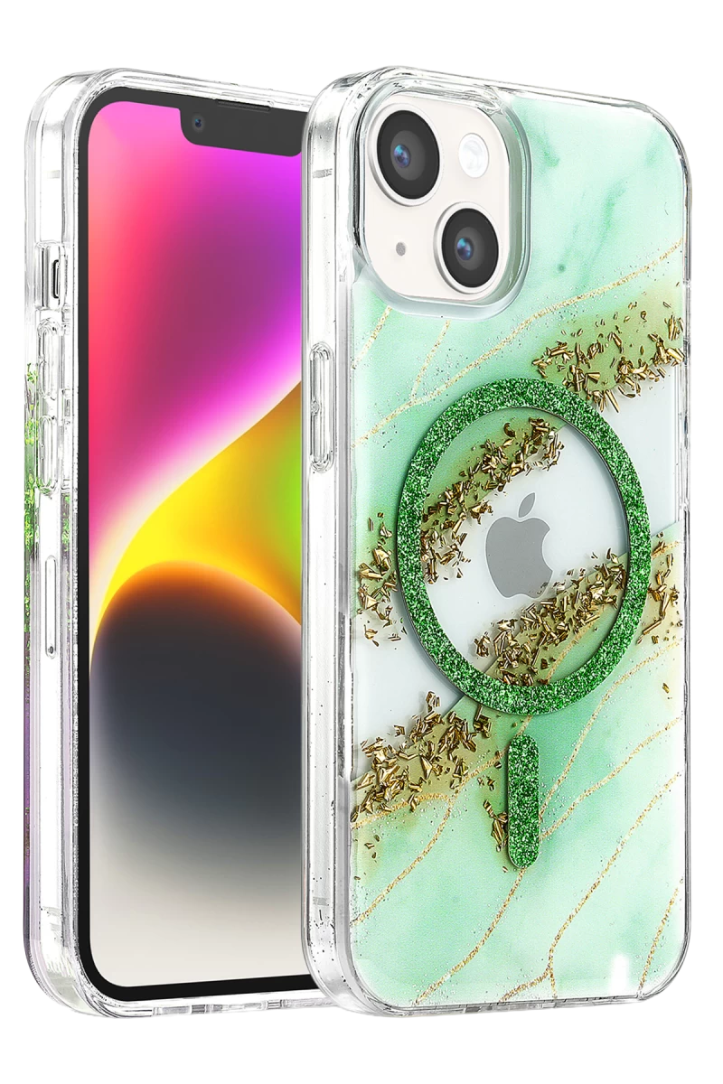 Onegif Apple iPhone 15 Uyumlu Lotus Simli Magsafe Kapak - Yeşil