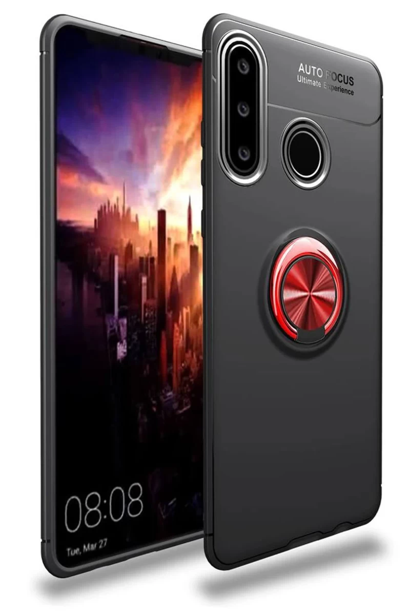 Huawei Y6P Uyumlu Kılıf Range Yüzüklü Silikon - Siyah-Kırmızı