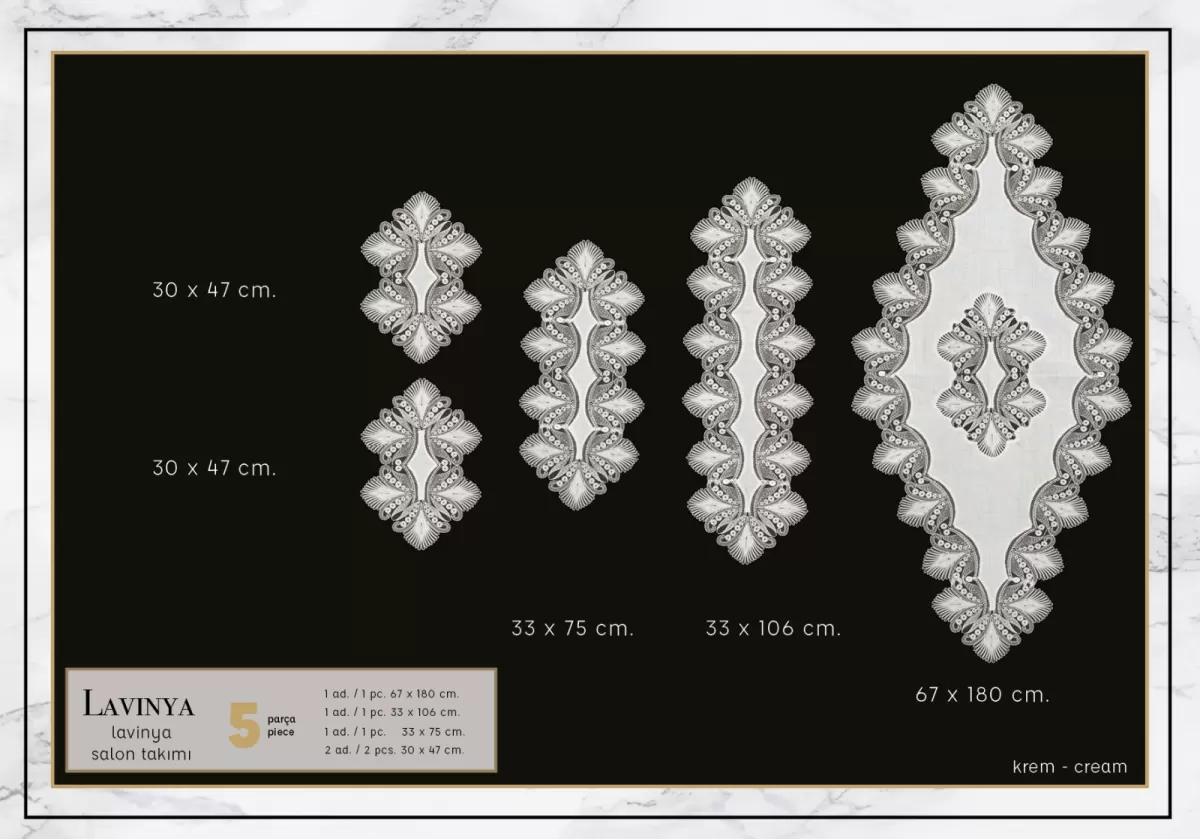 Lavinya Model Krem-Krem 5 Parça Keten Dantelli Runner Seti Salon Takımı
