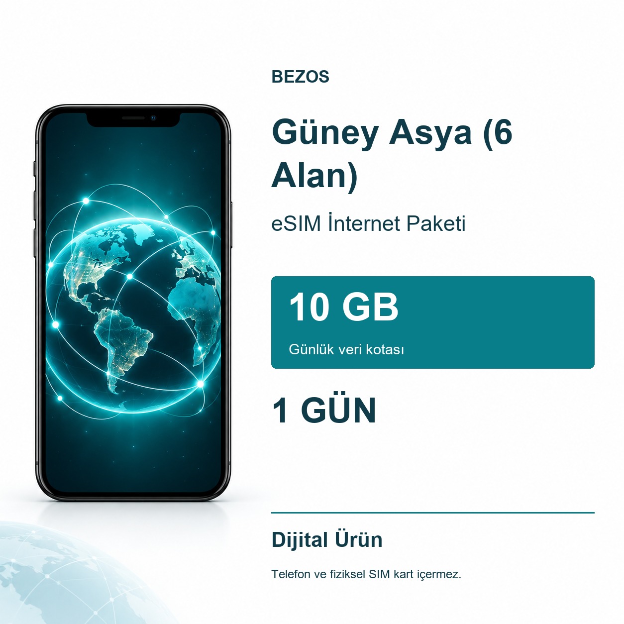 Güney Asya (6 Alan) eSIM İnternet Paketi Günlük 10 GB 1 Gün