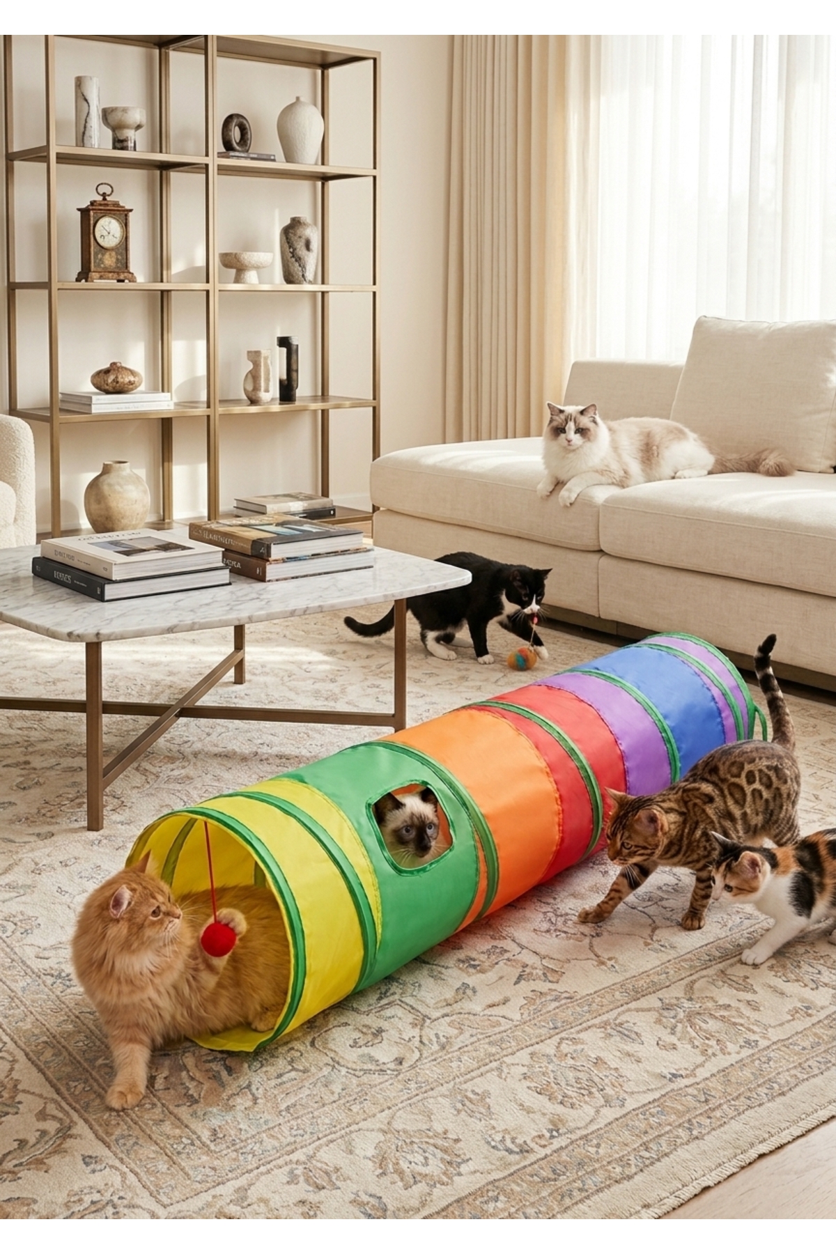 Katlanabilir Gökkuşağı Düz Kedi Oyun Tüneli (120 cm x 25 cm)