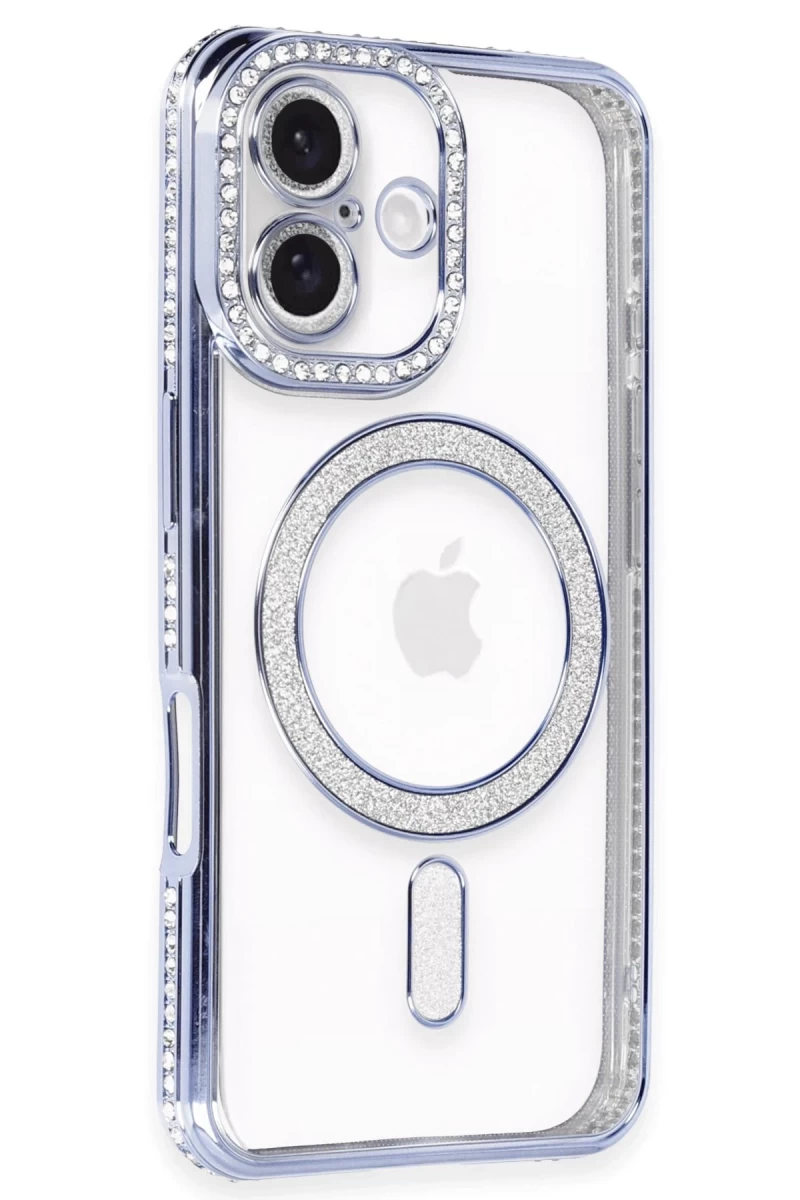 Apple iPhone 16 Uyumlu Kılıf Joke Simli Magneticsafe Kılıf - Mavi