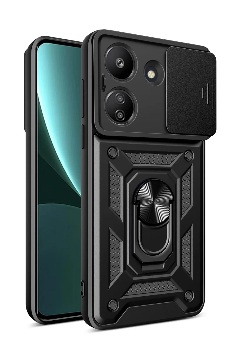 Xiaomi Redmi 13C Uyumlu Kılıf Pars Lens Yüzüklü Silikon - Siyah