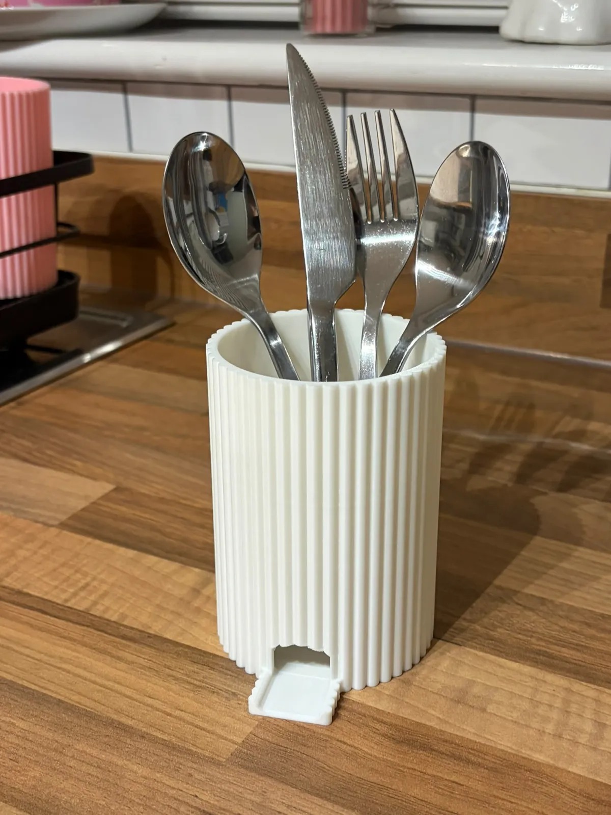 3D Baskı Çizgili Kaşıklık Süzgeçli Kaşık Çatal Bıçak Tutucu Lavabo Kenarı Mutfak Gereç Kabı Beyaz 11 cm