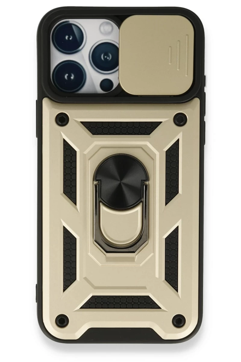 Apple iPhone 15 Pro Max Uyumlu Kılıf Pars Lens Yüzüklü Silikon - Gold