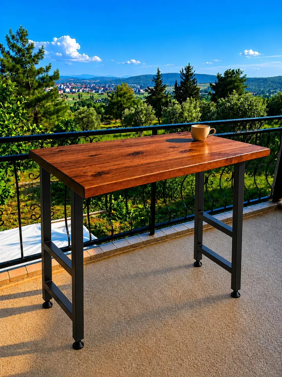 Masif Bar Masası 85 cm Yüksek Metal Profil Ayaklı Mutfak Yemek Kafe Bistro Çalışma