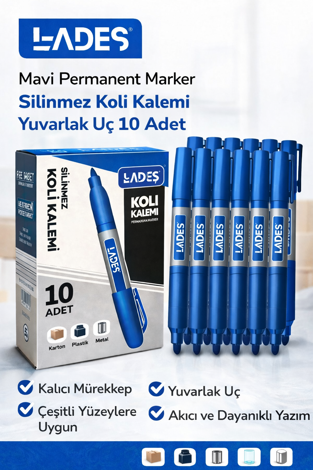 Lades Mavi Permanent Marker Silinmez Koli Kalemi Yuvarlak Uç 10 Adet