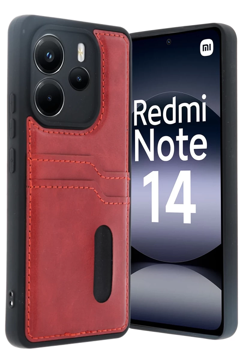 Xiaomi Redmi Note 14 4G Uyumlu Kılıf Sara Kartvizitli Deri Kılıf - Kırmızı