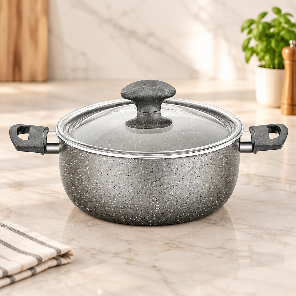 Granit Derin Tencere 24 cm Cam Kapak Gri Kırçıllı