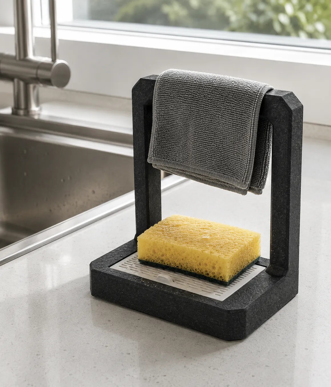 3D Baskı Süzdürmeli Mutfak Sünger Tutucu Bez Askılı Lavabo Sünger Standı Siyah