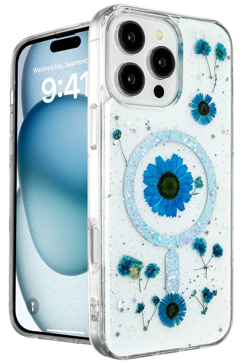 Apple iPhone 16 Pro Max Uyumlu Kılıf Daisy Simli Magsafe Kapak - Mavi