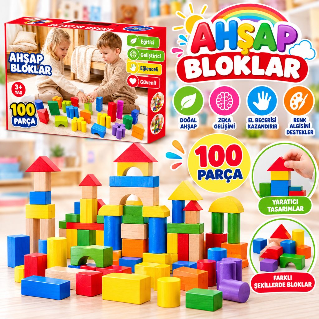 Ony-417 Kutuda Ahşap 100 Parça Renkli Bloklar