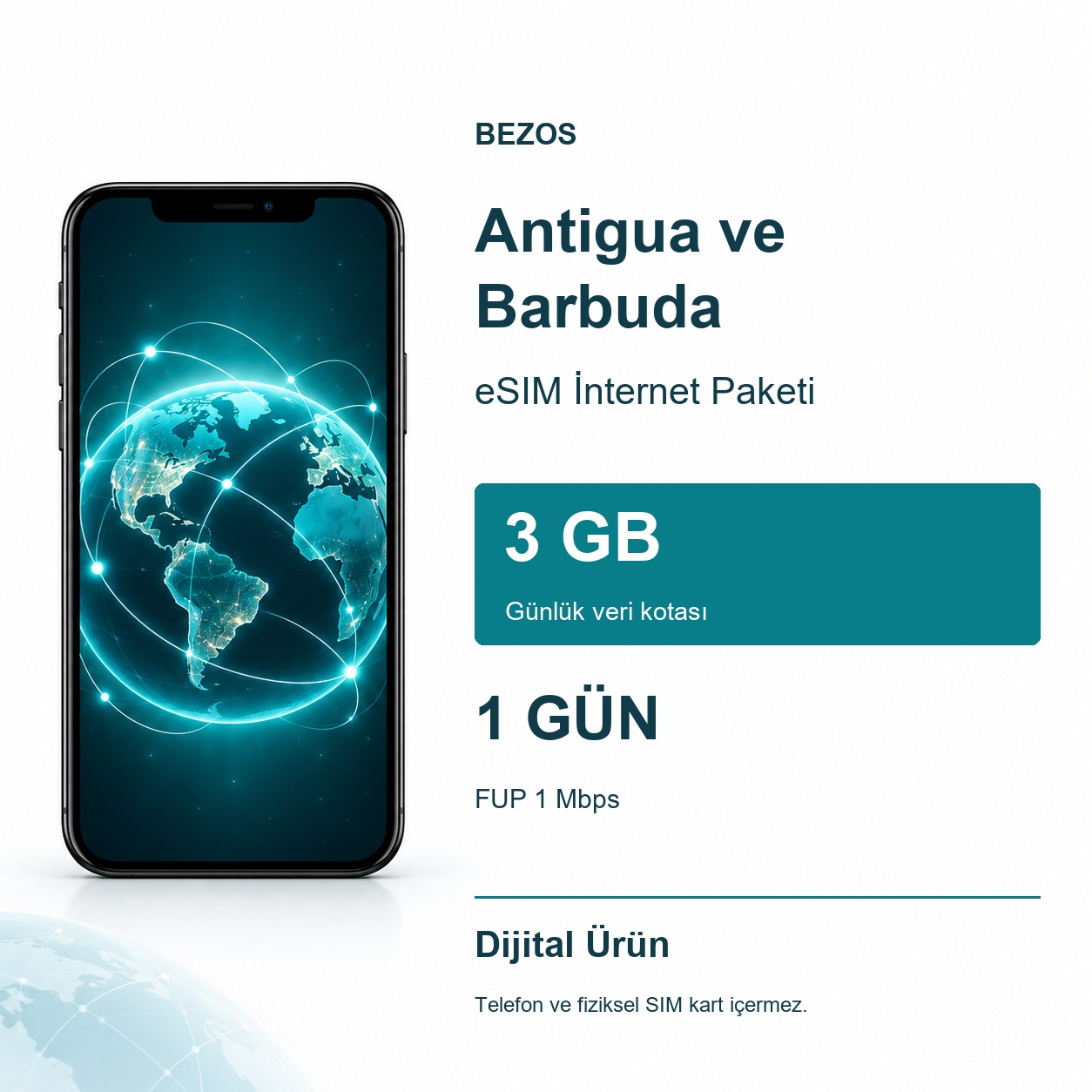 Antigua ve Barbuda eSIM İnternet Paketi Günlük 3 GB 1 Gün - FUP 1 Mbps