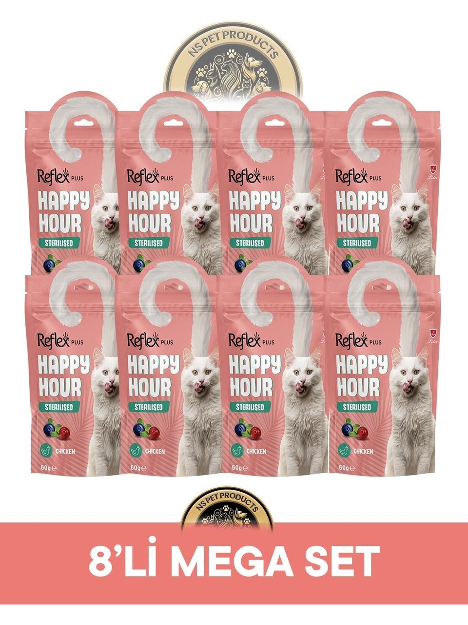 Reflex Plus Happy Hour Tavuk Kısırlaştırılmış Kedi Ödül Maması Seti 8x60 gr