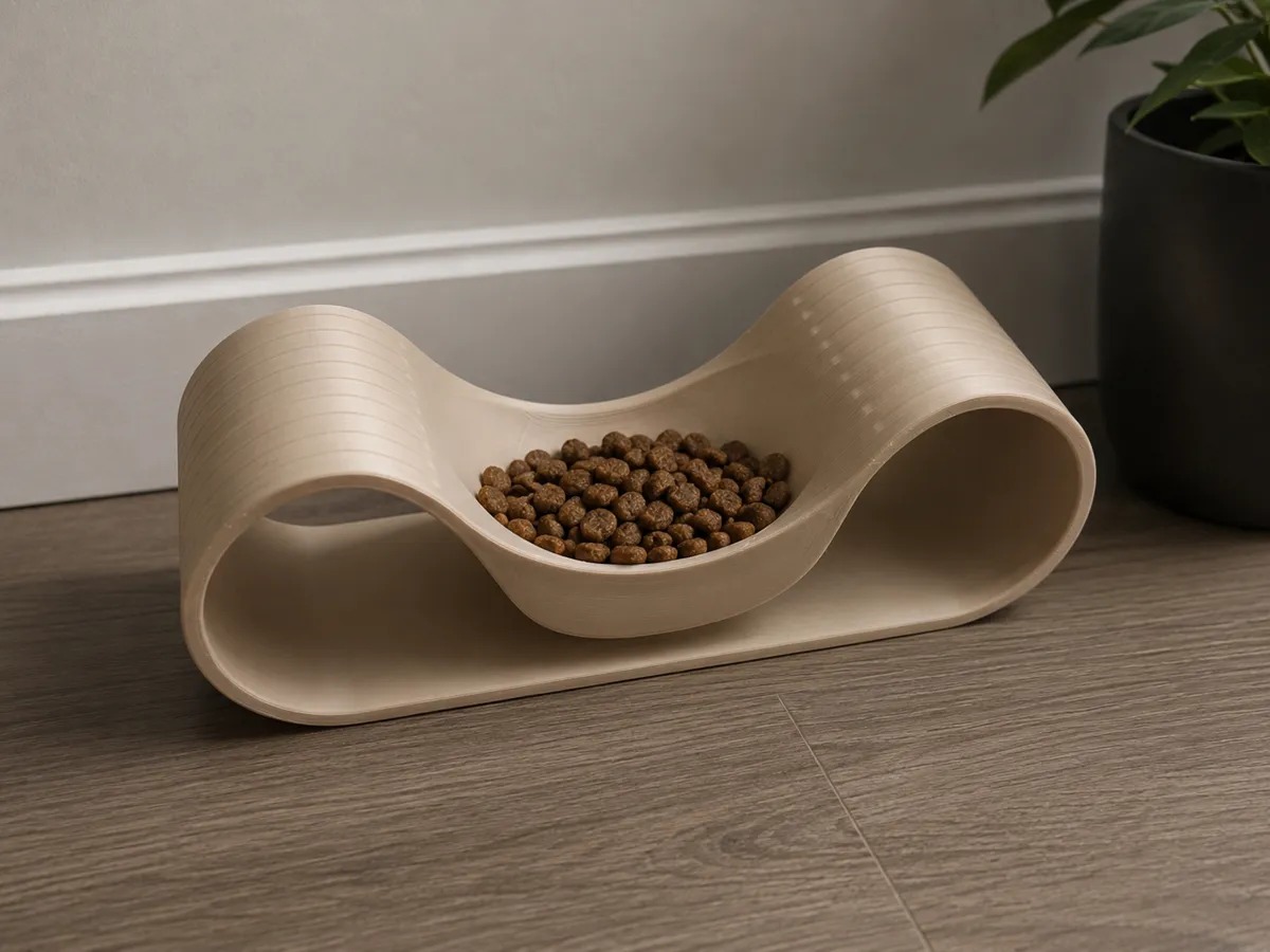 3D Baskı Dalgalı Formlu Mama Kabı Kedi ve Köpek Yemek Kabı Modern Eğimli Mama Kabı - Bej
