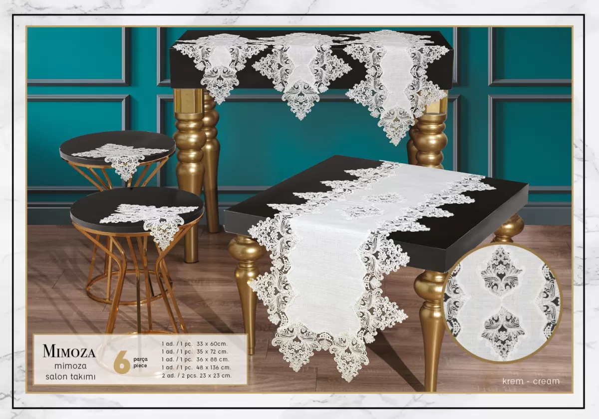 Mimoza Model Krem 5 Parça Dantel Masa Örtüsü Runner Seti Salon Takımı No 666