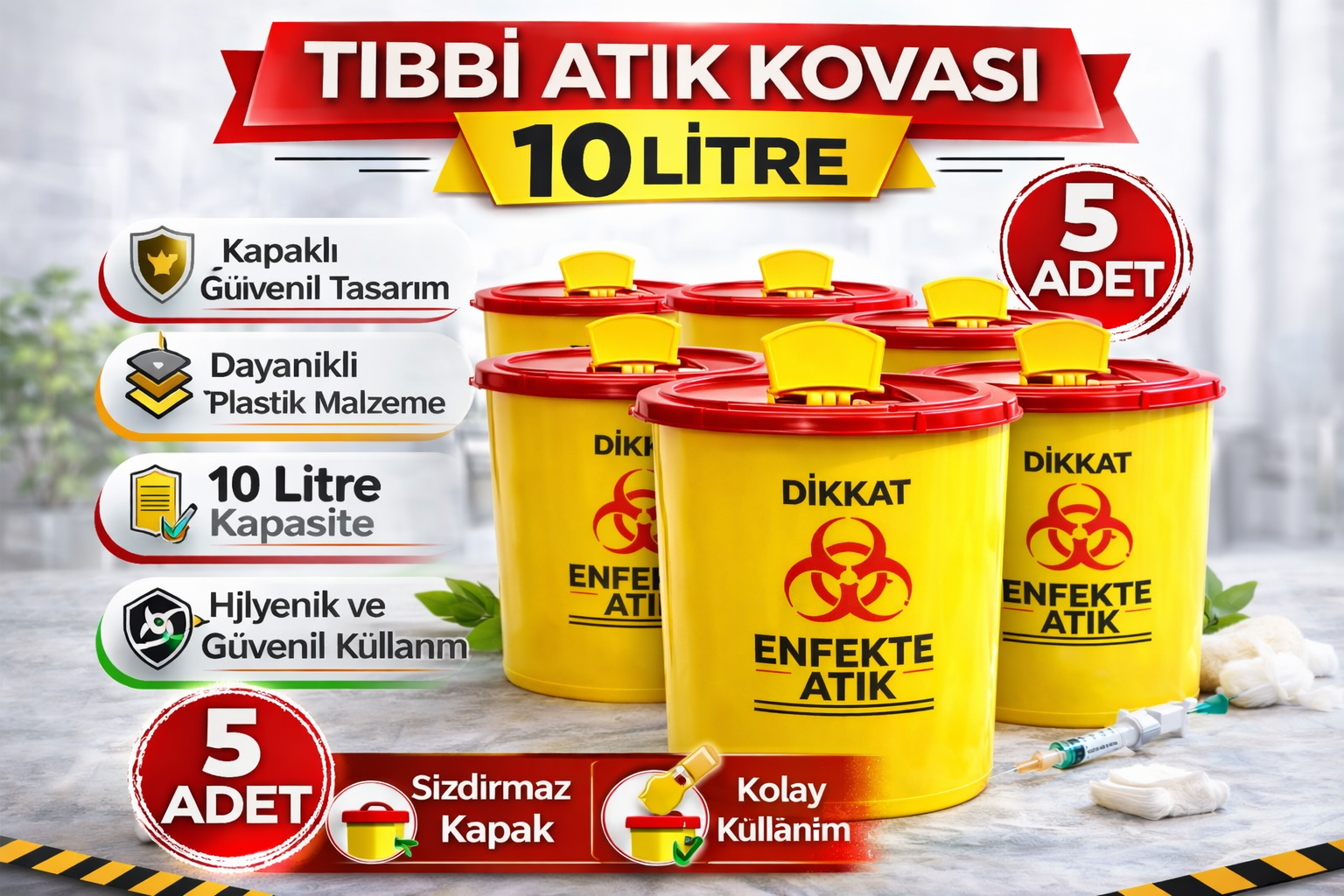 Tıbbi Atık Kovası 10 Litre 5 Adet Kapaklı Tıbbi Atık Kutusu Enfekte Atık Kovası Seti
