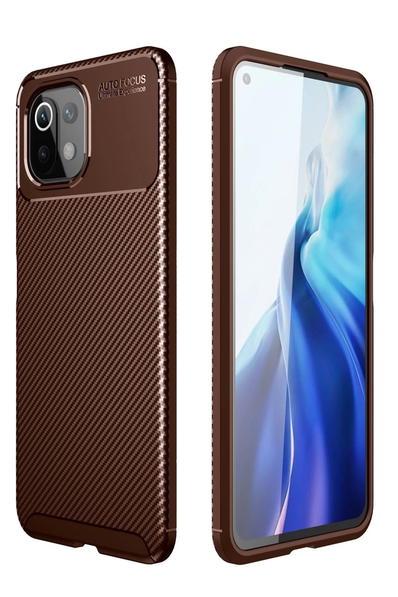 Xiaomi Mİ 11 Lite Uyumlu Kılıf Auto Focus Karbon Kapak - Kahverengi