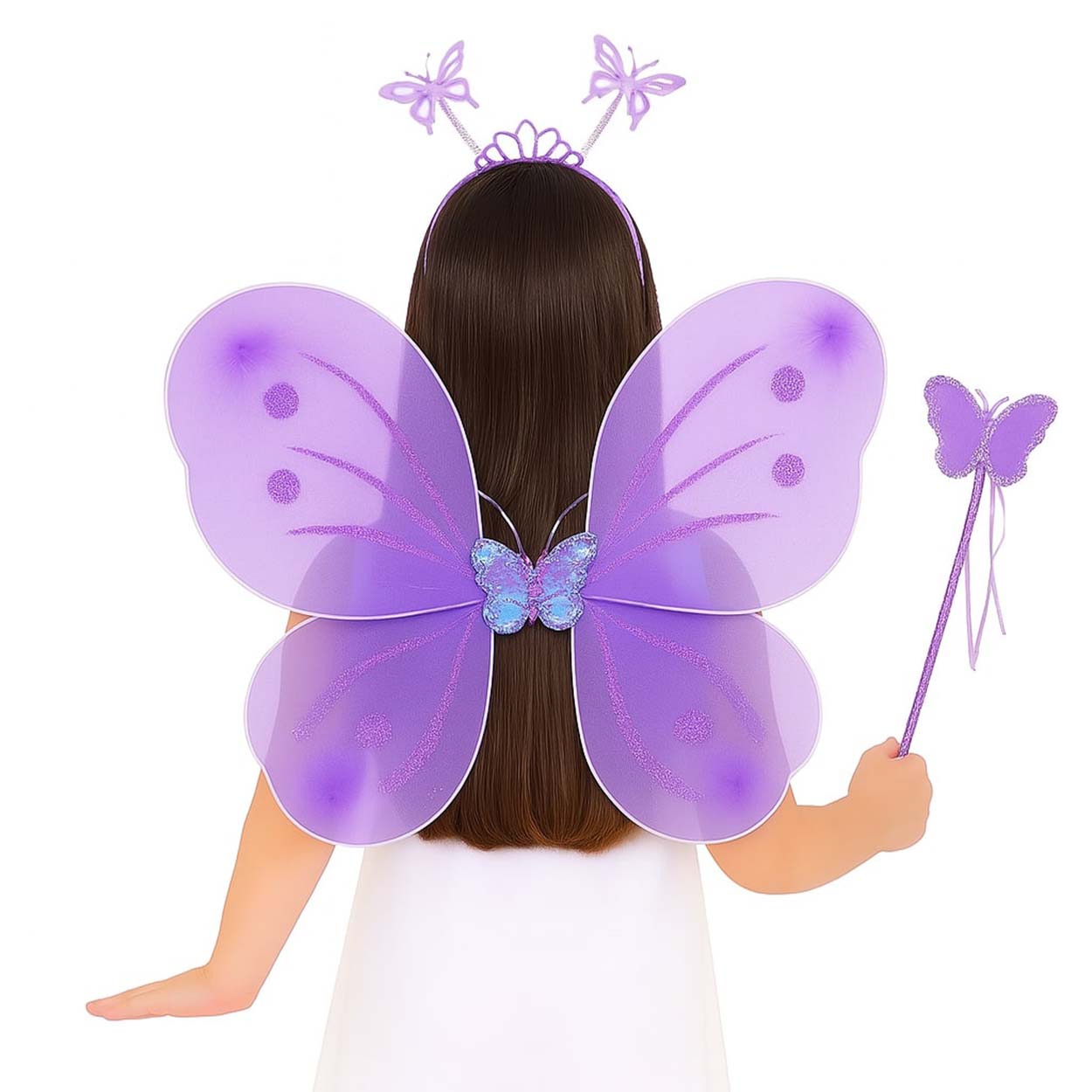 Lila Mor Kelebek Kız Seti ? 50 cm Kelebek Kanadı, Taç ve Asa