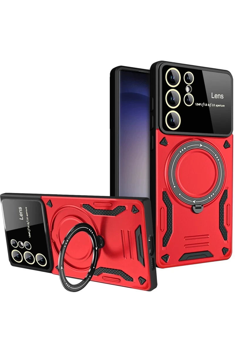 Samsung Galaxy S25 Ultra Uyumlu Kılıf Joy Lens Standlı Kapak - Kırmızı