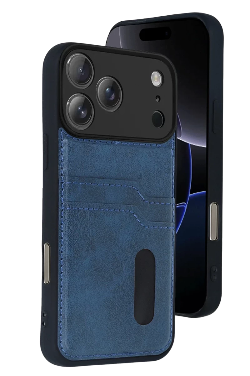 Apple iPhone 17 Pro Uyumlu Sara Kartvizitli Deri Kılıf - Lacivert