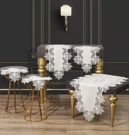 Salon Takımı Çeyizlik Kayla Model Krem-Gümüş 5 Parça Keten Dantelli Runner Seti