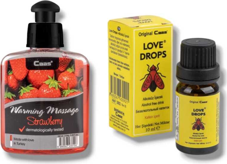 Caas Çilek Aromalı  Isıtıcılı Cinsel Masaj Yağı 100 ml + Love Drop Kadınlara Özel Damla