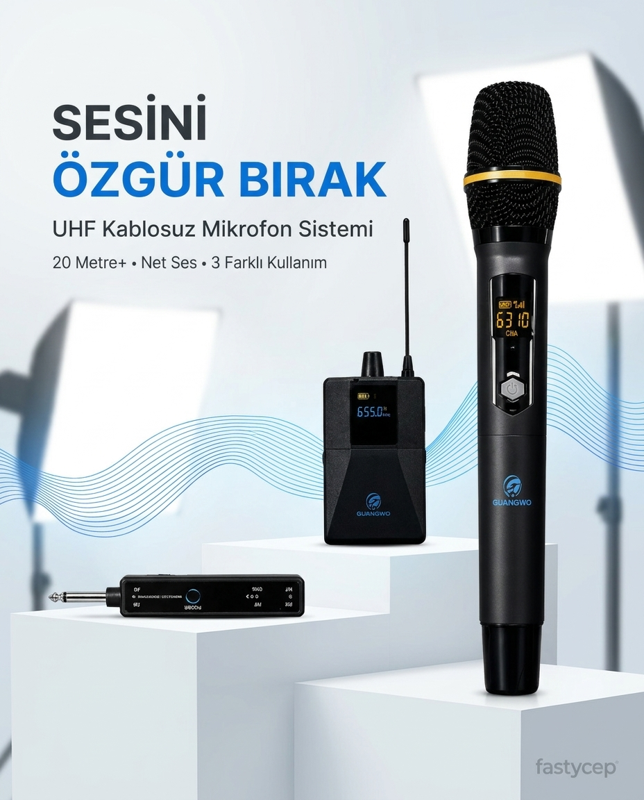 UHF Kablosuz Mikrofon Seti El Yaka ve Boyun Mikrofonlu 6.5mm Alıcılı 3.5mm Çeviricili Profesyonel