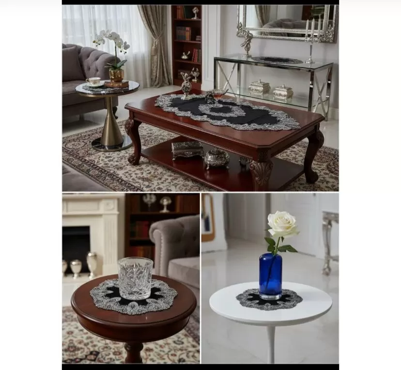 Siyah Elora Model 5 Parça Velvet Kadife Dantelli Runner Masa Örtüsü Seti Salon Takımı