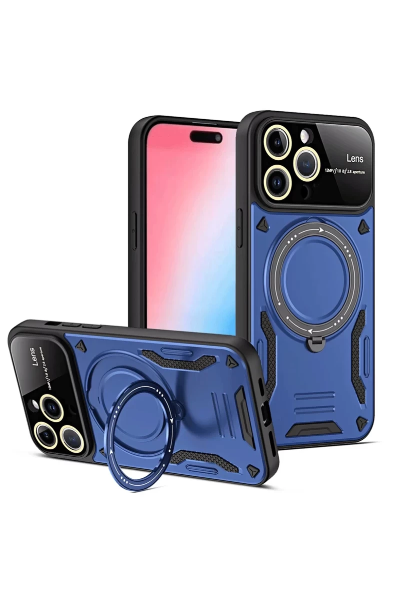 Apple iPhone 15 Pro Uyumlu Joy Lens Standlı Kapak - Lacivert