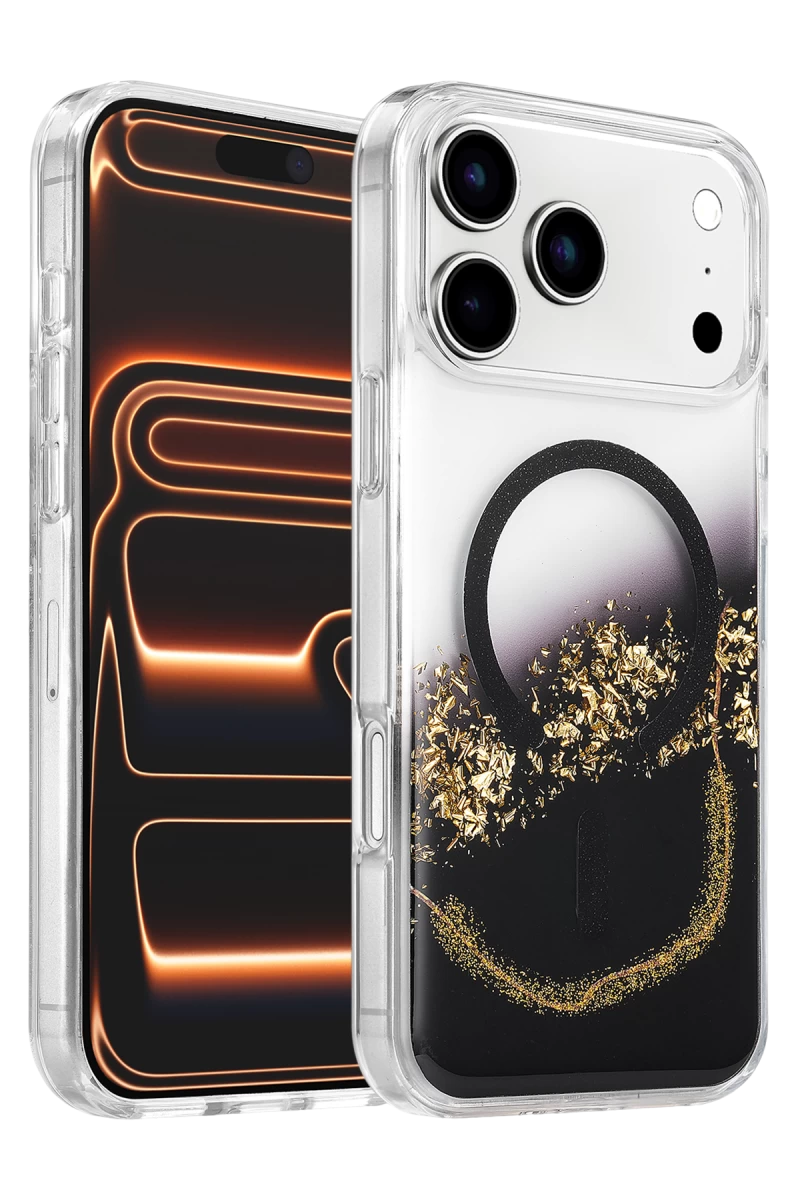 Onegif Apple iPhone 17 Pro Uyumlu Lotus Simli Magsafe Kapak - Siyah