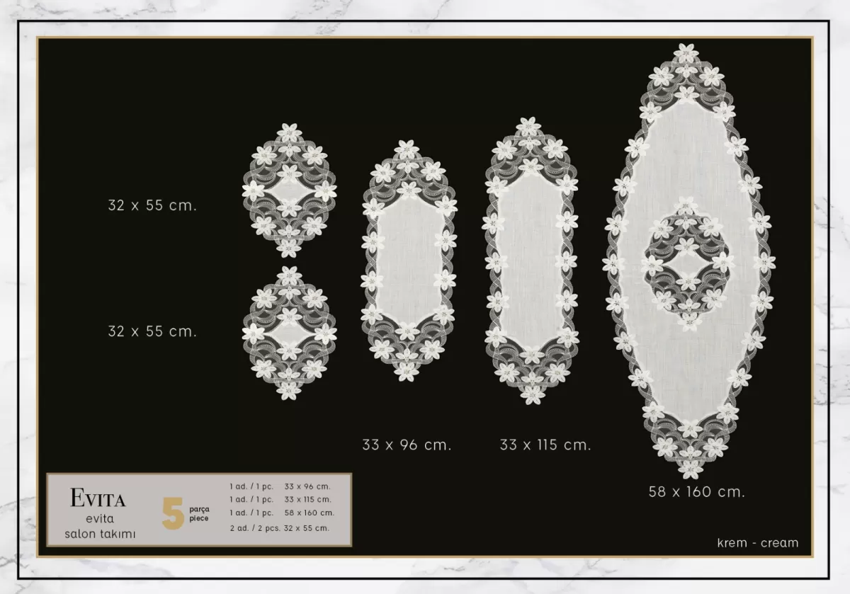 Salon Takımı 5 Parça Keten Dantelli Masa Örtüsü Runner Seti Evita Mode No 6859 -Krem-Krem