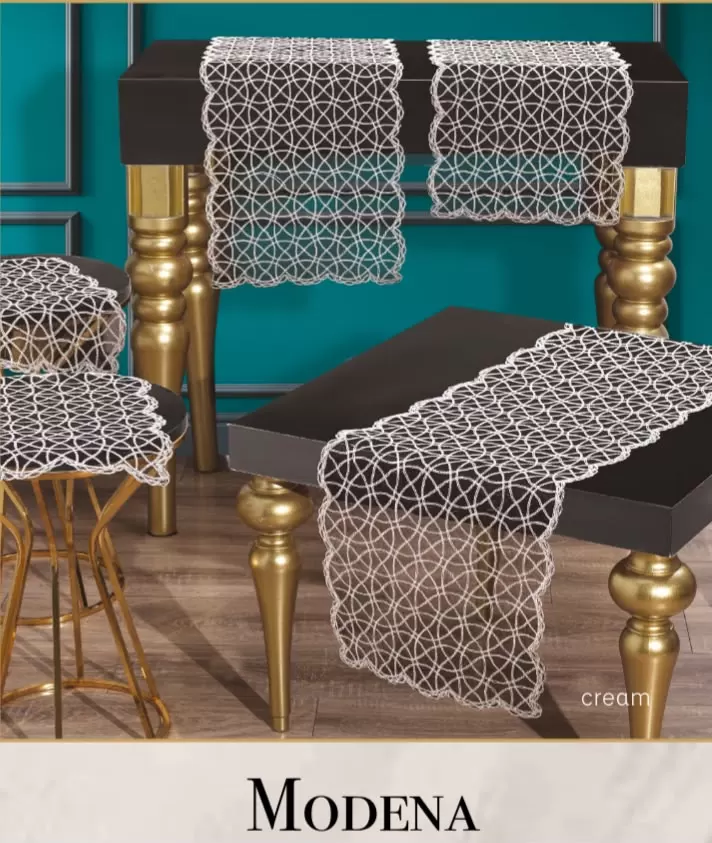 Modena Model Krem 5 Parça Tül İşlemeli Runner Seti Modern Salon Takımı