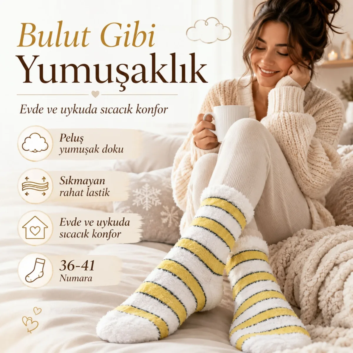 Peluş Çizgili Kadın Uyku Çorabı 36-40 Yumuşak Sıcak Tutan Sıkmayan Ev Çorabı Sarı Beyaz